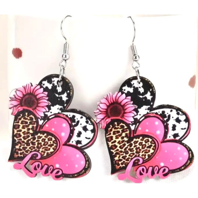 Heart-Shaped Dangle Earrings With Pink Leopard & Cow Prints Featuring "Love" Text & Sunflower Accents