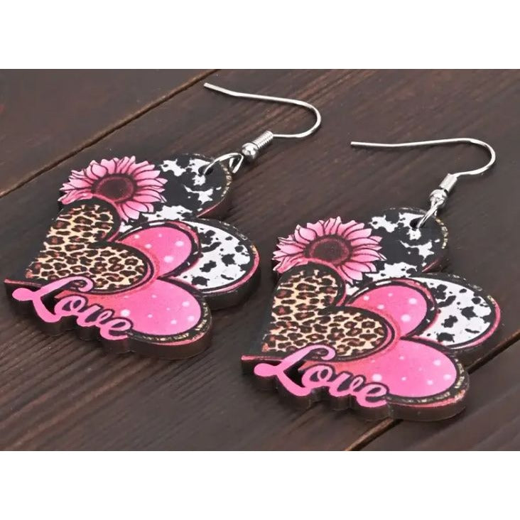 Heart-Shaped Dangle Earrings With Pink Leopard & Cow Prints Featuring "Love" Text & Sunflower Accents