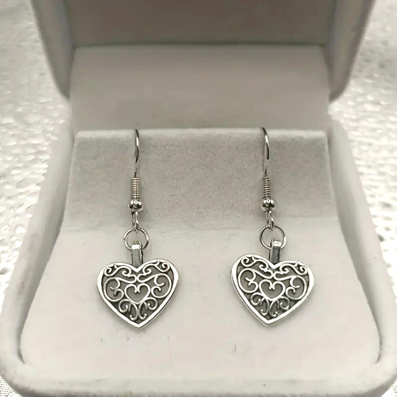 Heart Shaped Filigree Drop Earrings 1.7cm/0.67in Size Silver Tone Lightweight & Elegant For Women/Girls