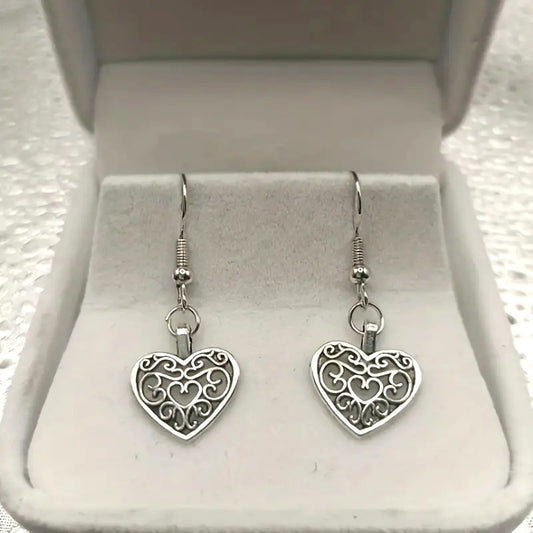 Heart Shaped Filigree Drop Earrings 1.7cm/0.67in Size Silver Tone Lightweight & Elegant For Women/Girls