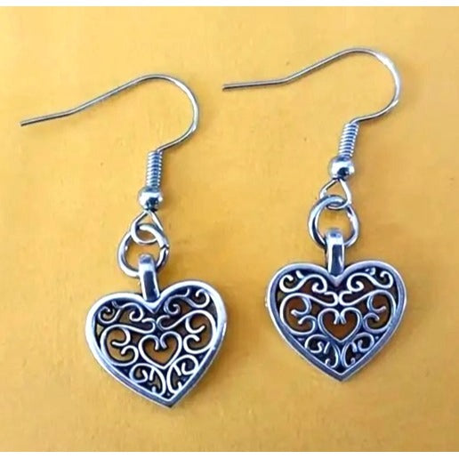 Heart Shaped Filigree Drop Earrings 1.7cm/0.67in Size Silver Tone Lightweight & Elegant For Women/Girls