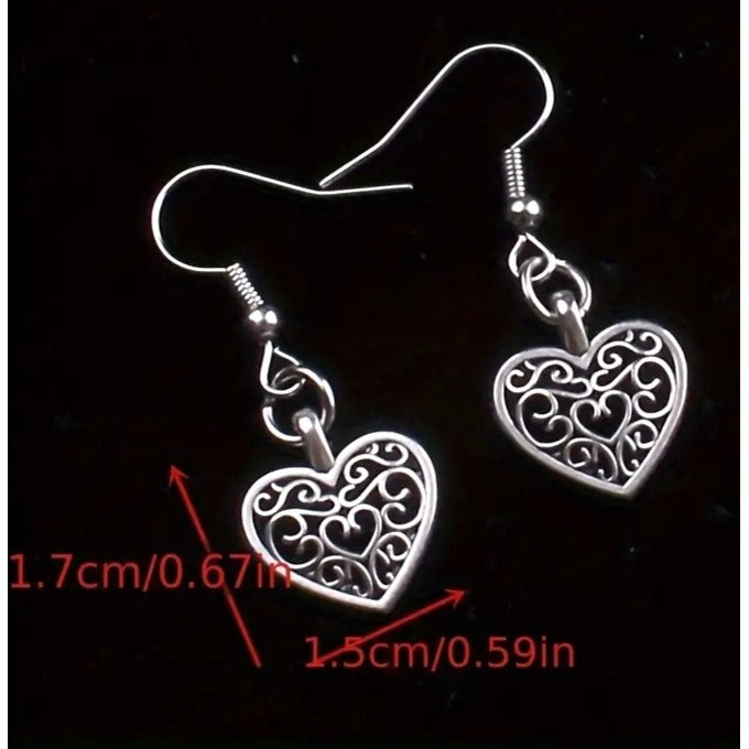 Heart Shaped Filigree Drop Earrings 1.7cm/0.67in Size Silver Tone Lightweight & Elegant For Women/Girls