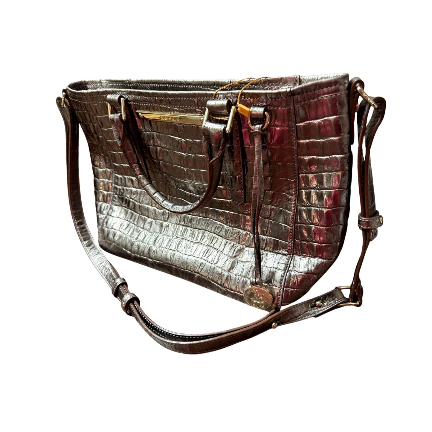 Brahmin Metallic Croc-Embossed Leather Satchel With Top Handles & Adjustable Strap