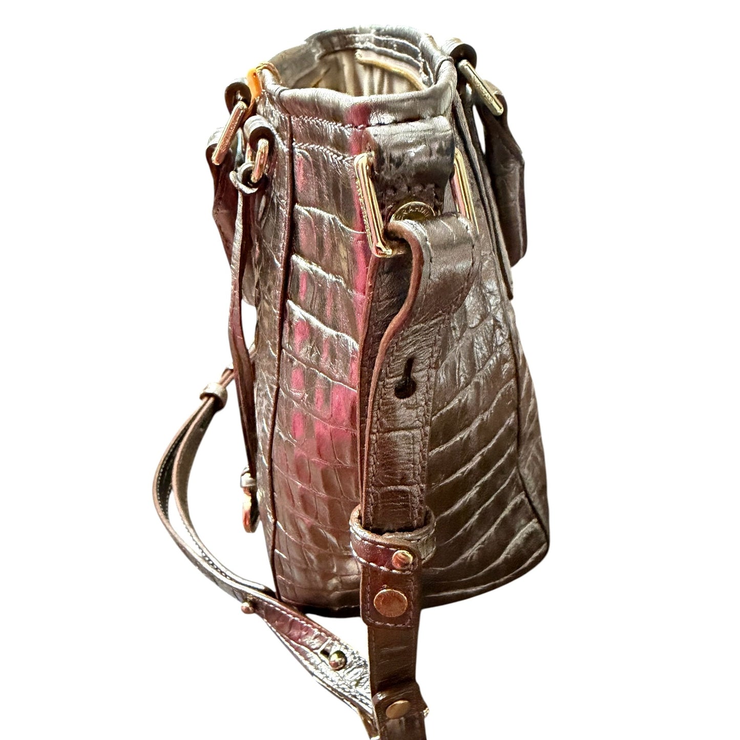 Brahmin Metallic Croc-Embossed Leather Satchel With Top Handles & Adjustable Strap