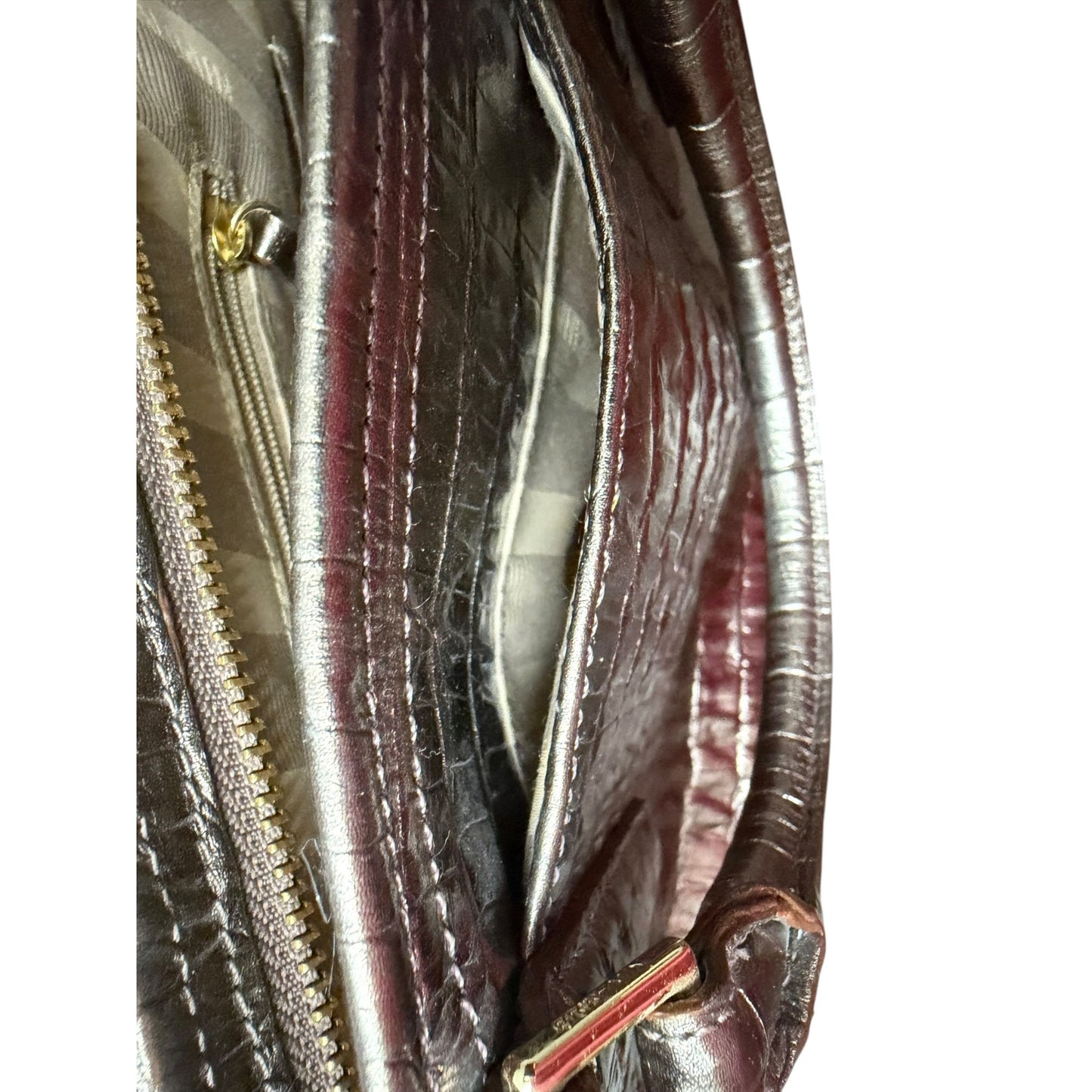 Brahmin Metallic Croc-Embossed Leather Satchel With Top Handles & Adjustable Strap