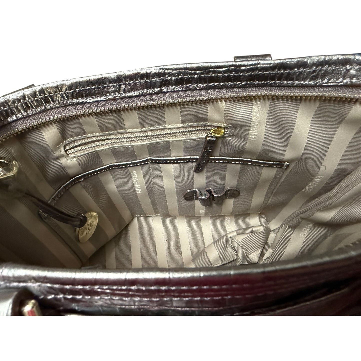 Brahmin Metallic Croc-Embossed Leather Satchel With Top Handles & Adjustable Strap
