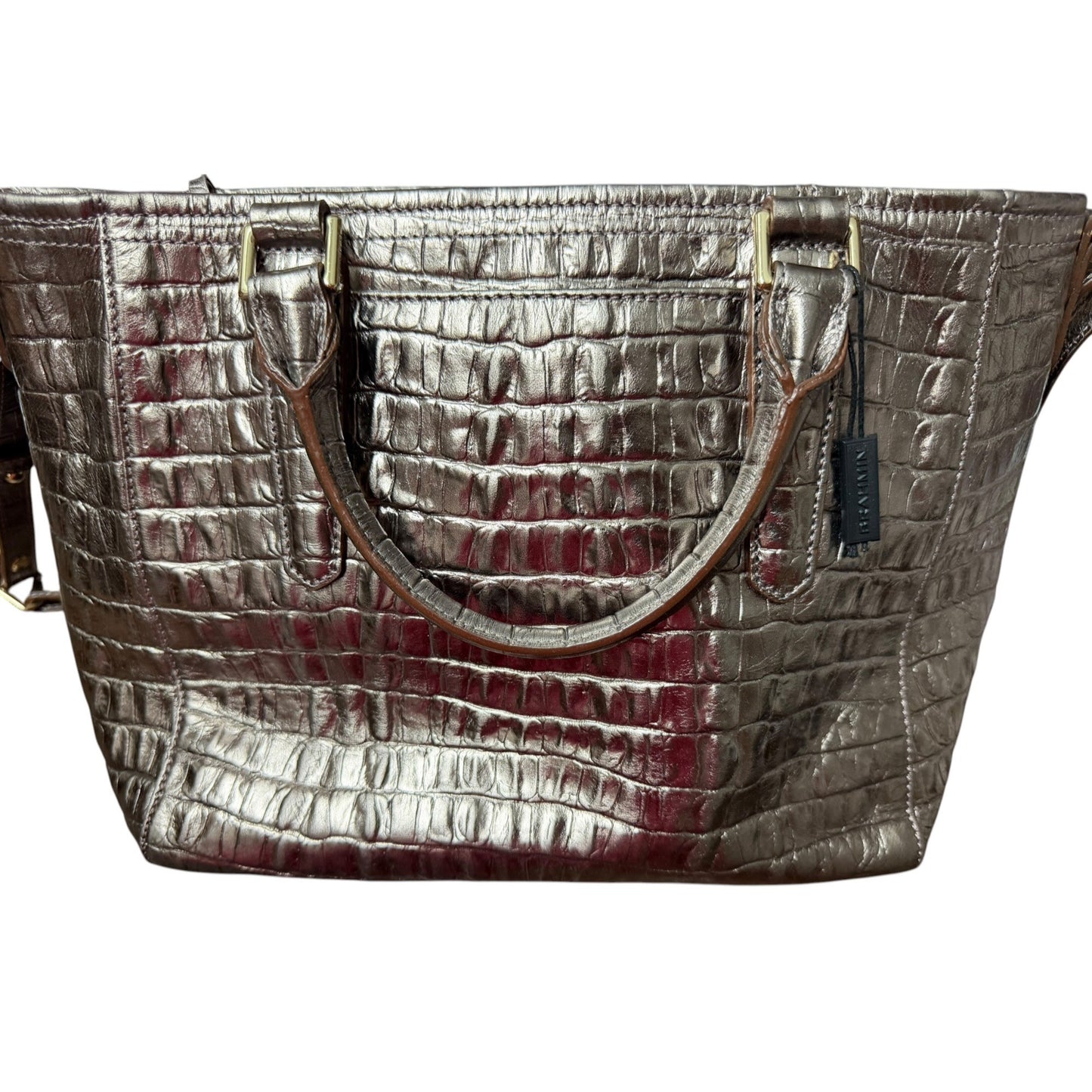 Brahmin Metallic Croc-Embossed Leather Satchel With Top Handles & Adjustable Strap