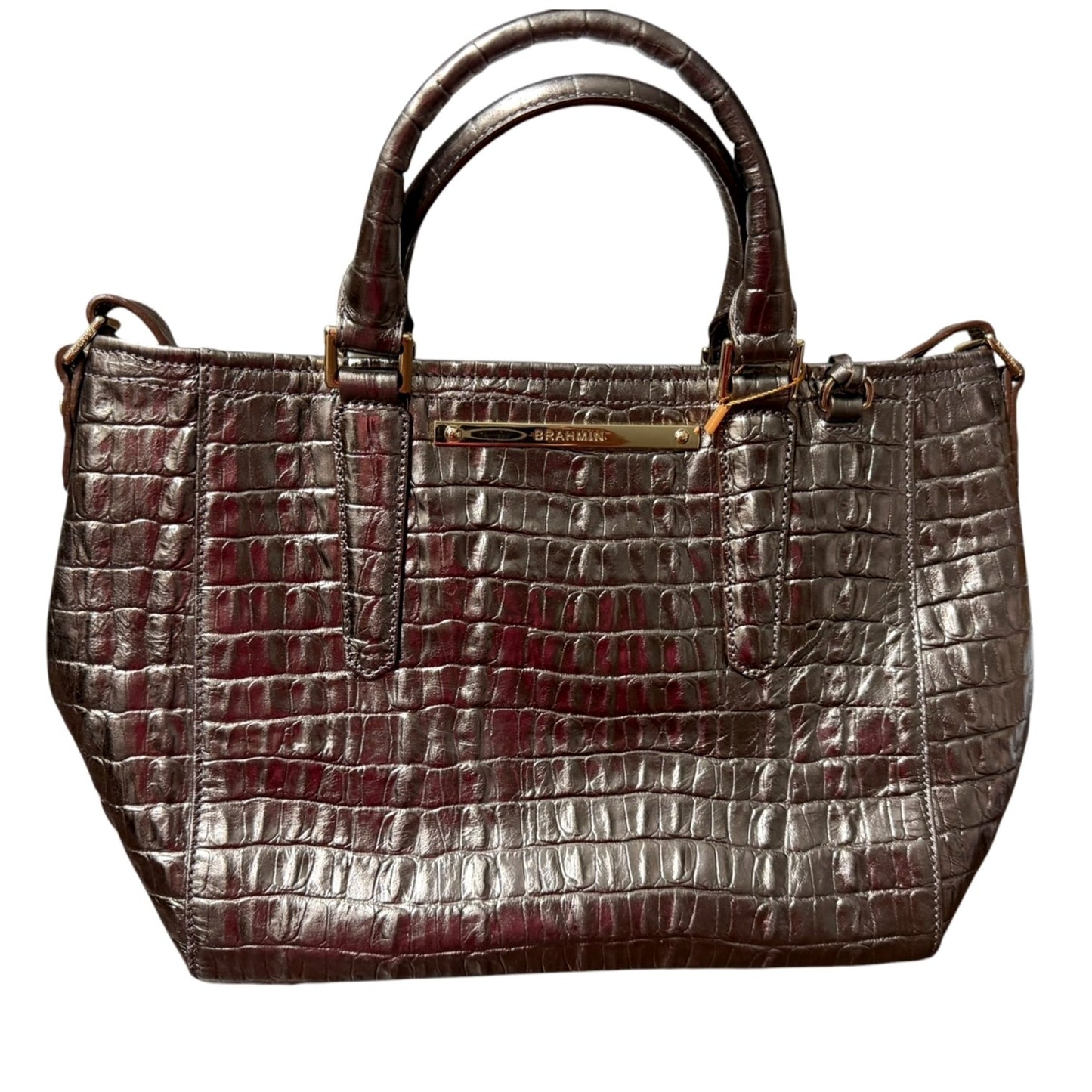 Brahmin Metallic Croc-Embossed Leather Satchel With Top Handles & Adjustable Strap