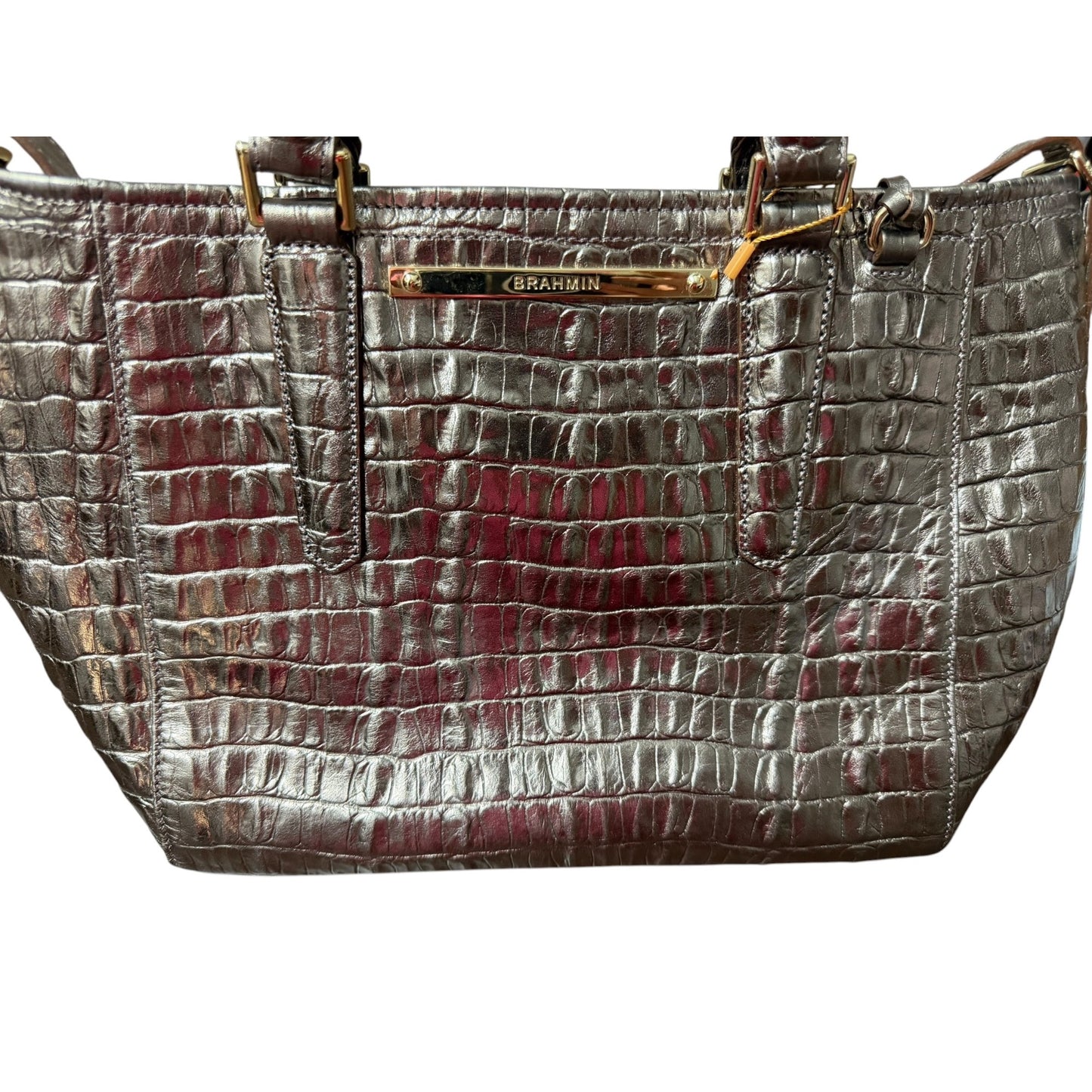 Brahmin Metallic Croc-Embossed Leather Satchel With Top Handles & Adjustable Strap