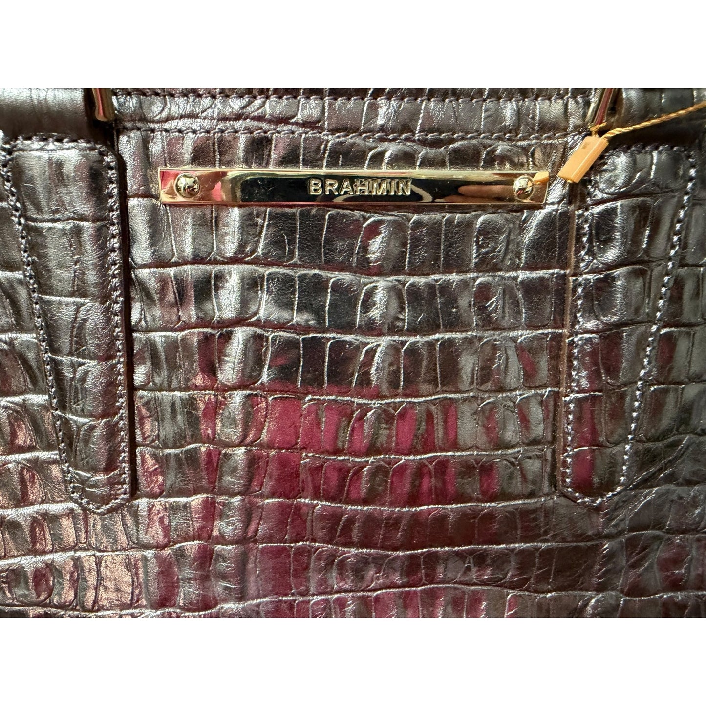 Brahmin Metallic Croc-Embossed Leather Satchel With Top Handles & Adjustable Strap
