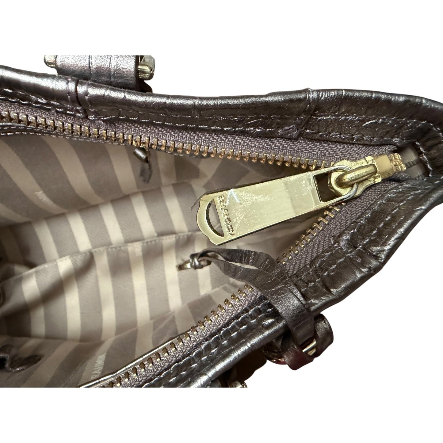 Brahmin Metallic Croc-Embossed Leather Satchel With Top Handles & Adjustable Strap