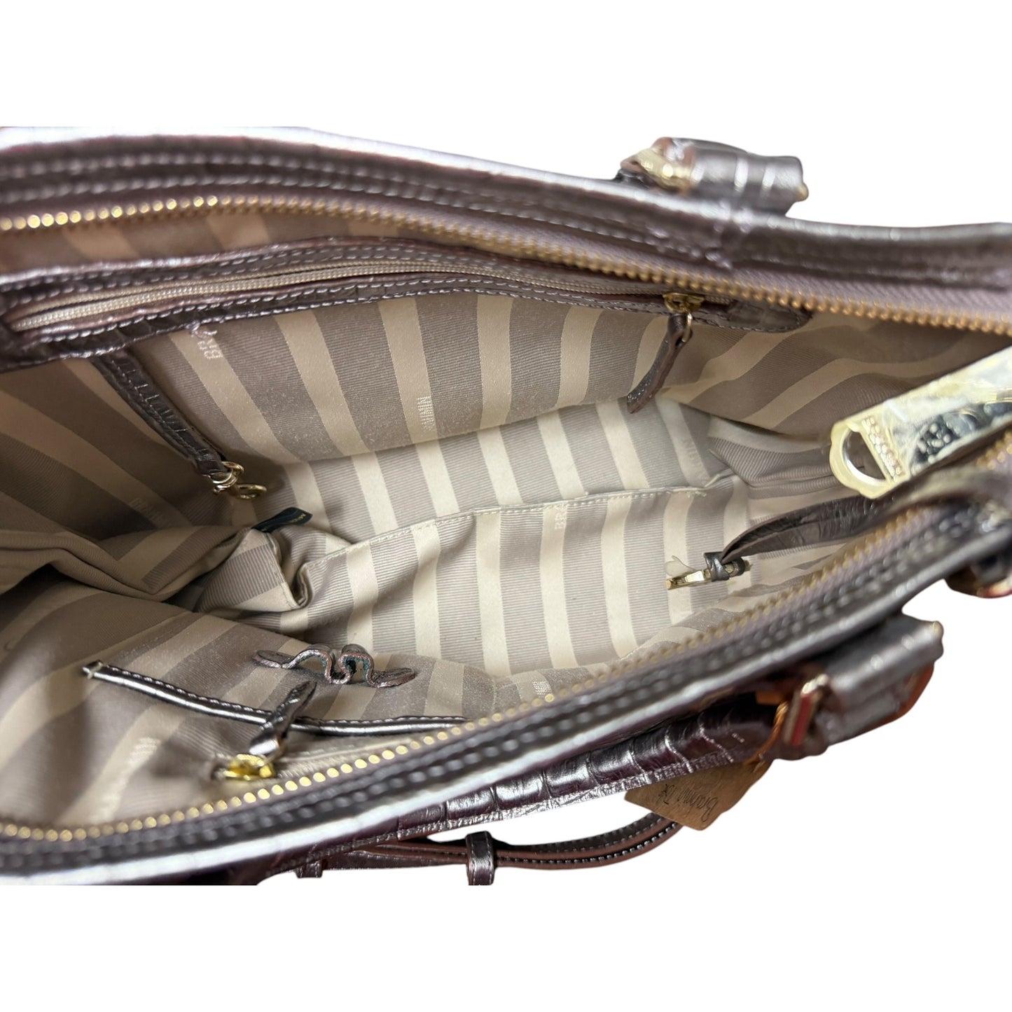 Brahmin Metallic Croc-Embossed Leather Satchel With Top Handles & Adjustable Strap