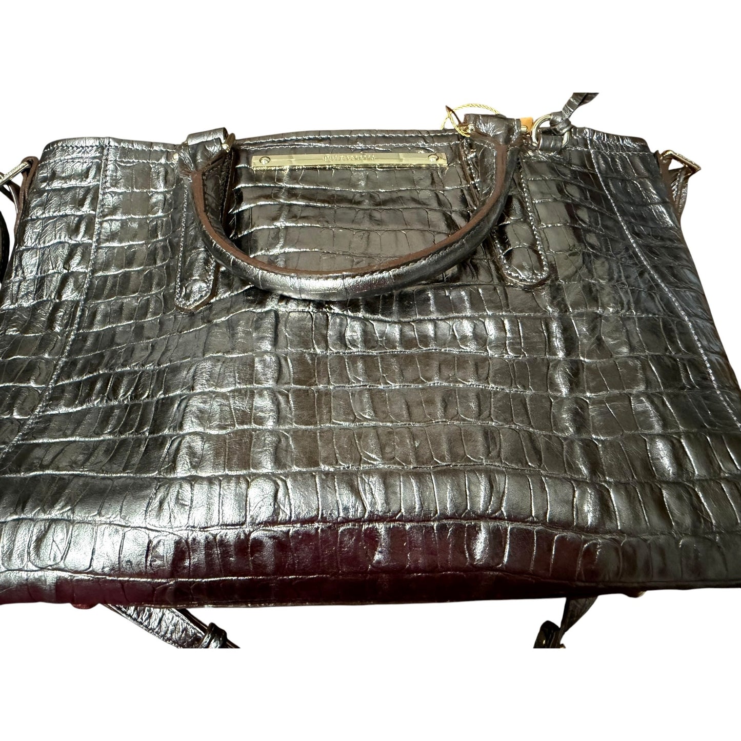 Brahmin Metallic Croc-Embossed Leather Satchel With Top Handles & Adjustable Strap