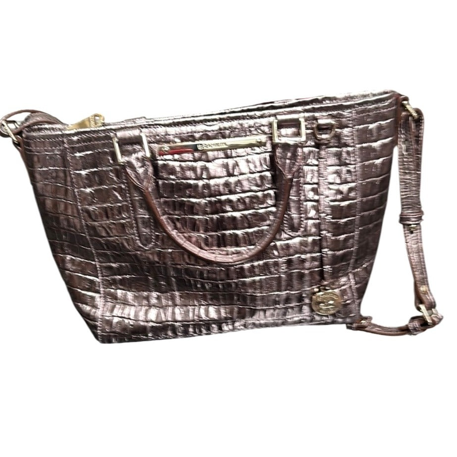 Brahmin Metallic Croc-Embossed Leather Satchel With Top Handles & Adjustable Strap
