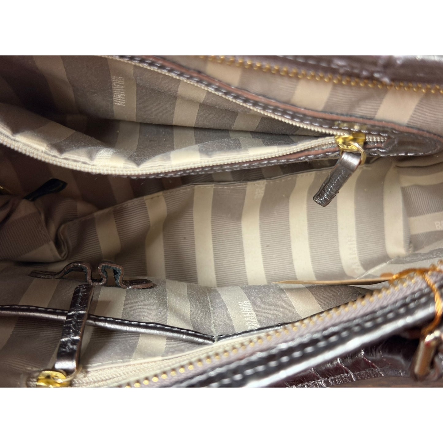 Brahmin Metallic Croc-Embossed Leather Satchel With Top Handles & Adjustable Strap