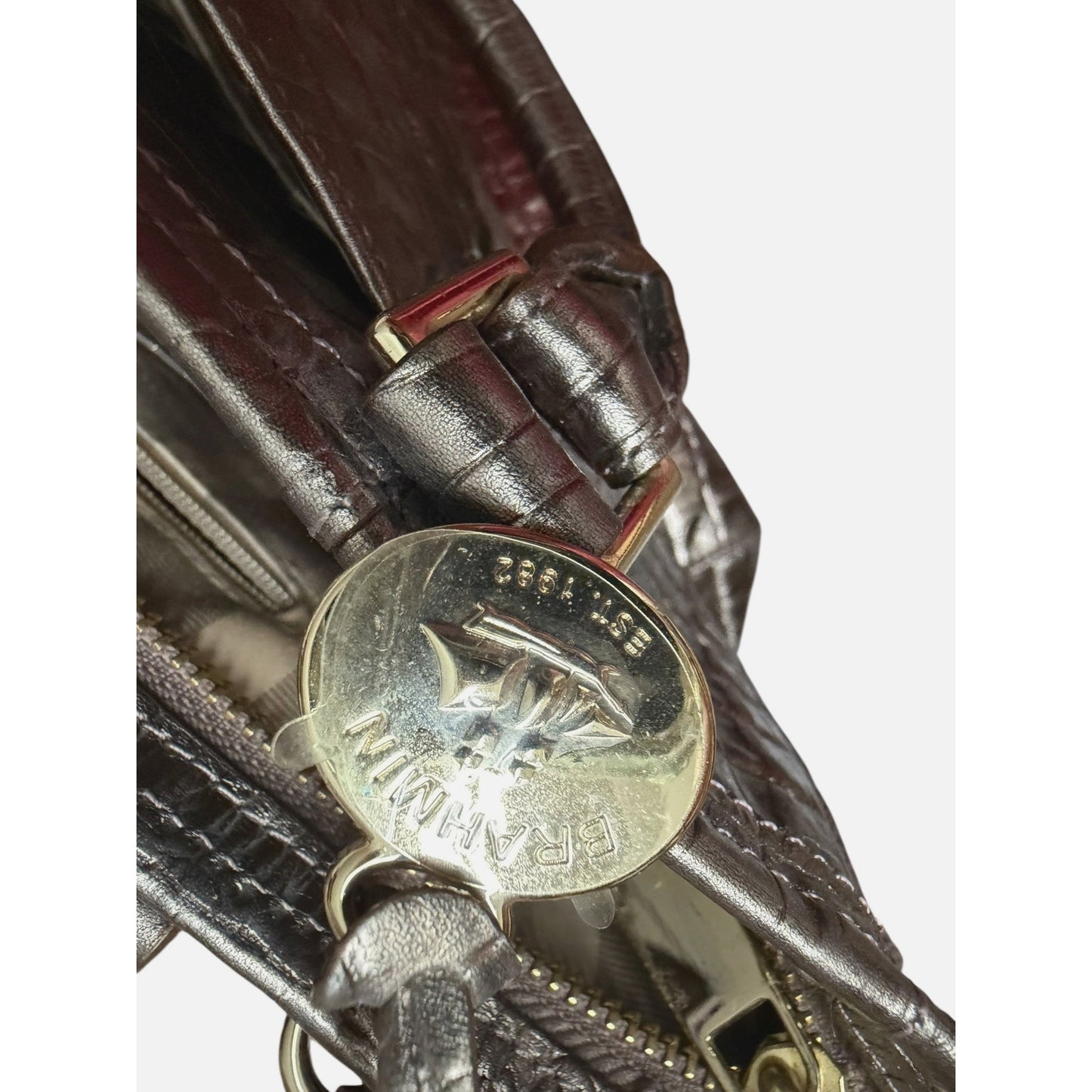 Brahmin Metallic Croc-Embossed Leather Satchel With Top Handles & Adjustable Strap