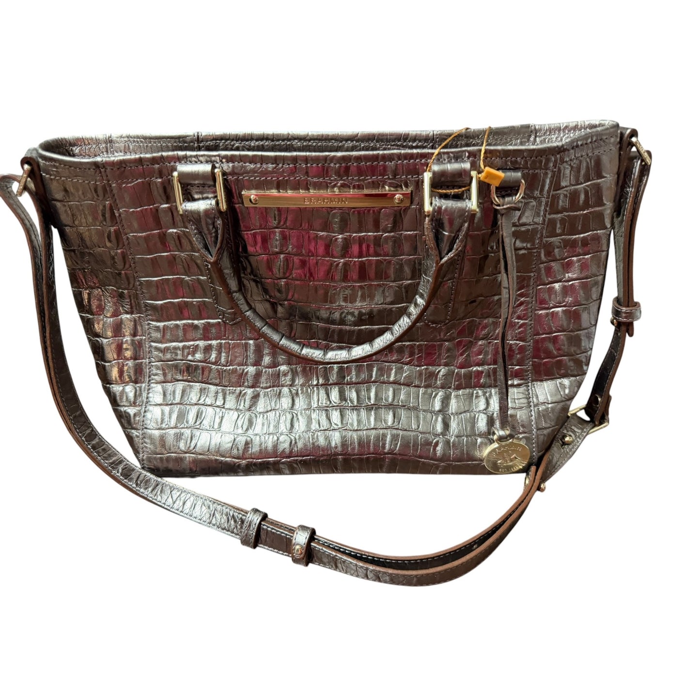 Brahmin Metallic Croc-Embossed Leather Satchel With Top Handles & Adjustable Strap