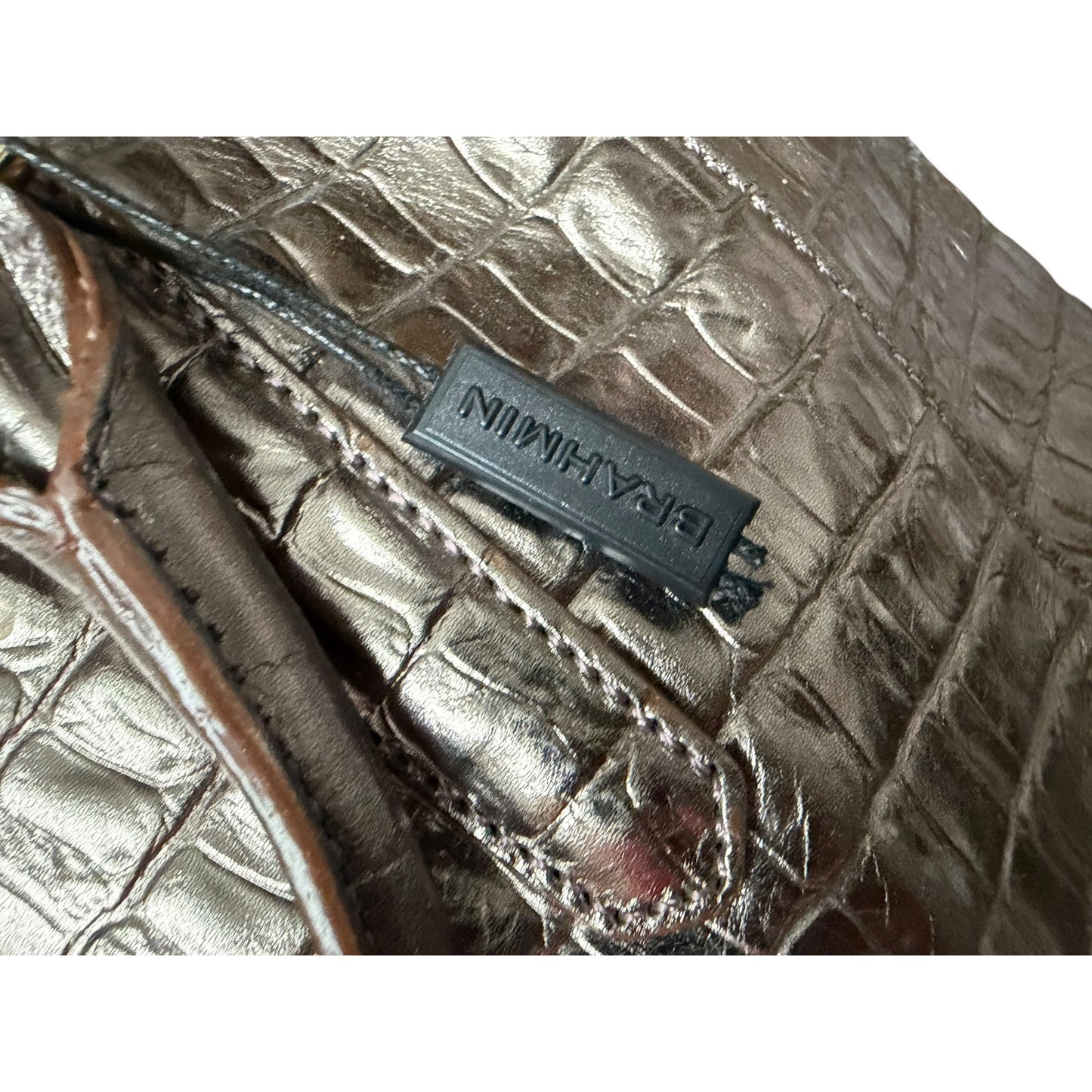 Brahmin Metallic Croc-Embossed Leather Satchel With Top Handles & Adjustable Strap