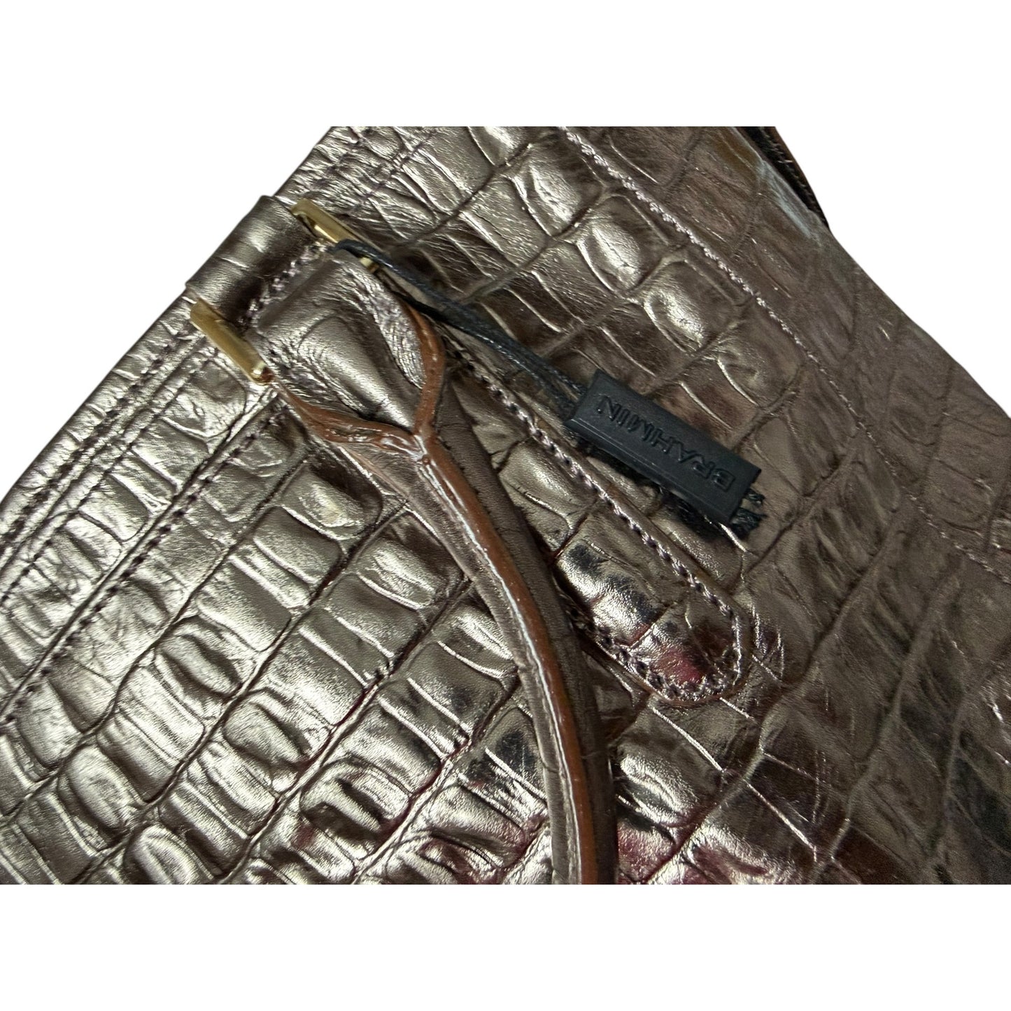 Brahmin Metallic Croc-Embossed Leather Satchel With Top Handles & Adjustable Strap