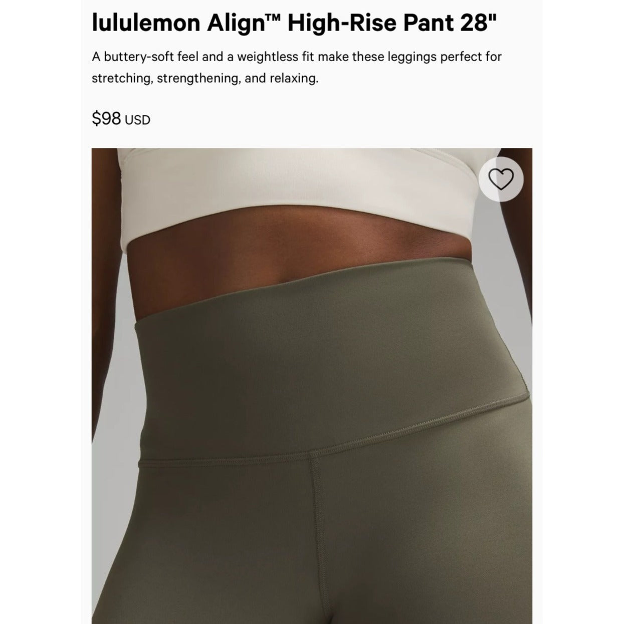 Lululemon Align High-Rise Pant 28" Olive Green Women Size 4 Buttery-Soft Feel Stretchy & Weightless Fit