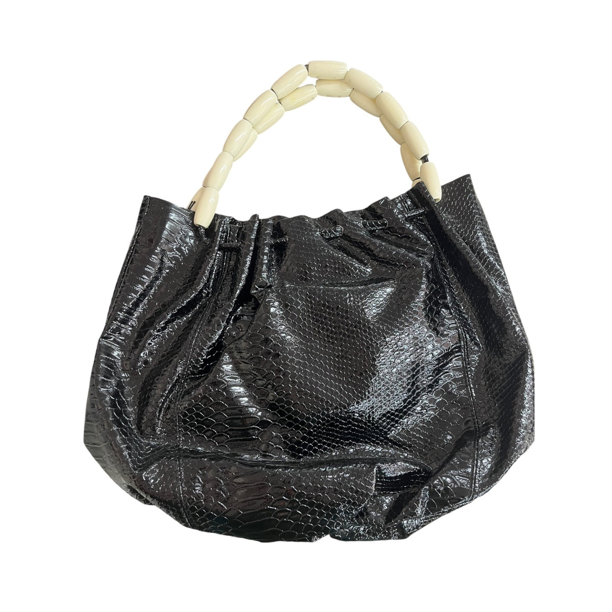 Black Faux Snakeskin Bag With Wooden & Beaded Handles