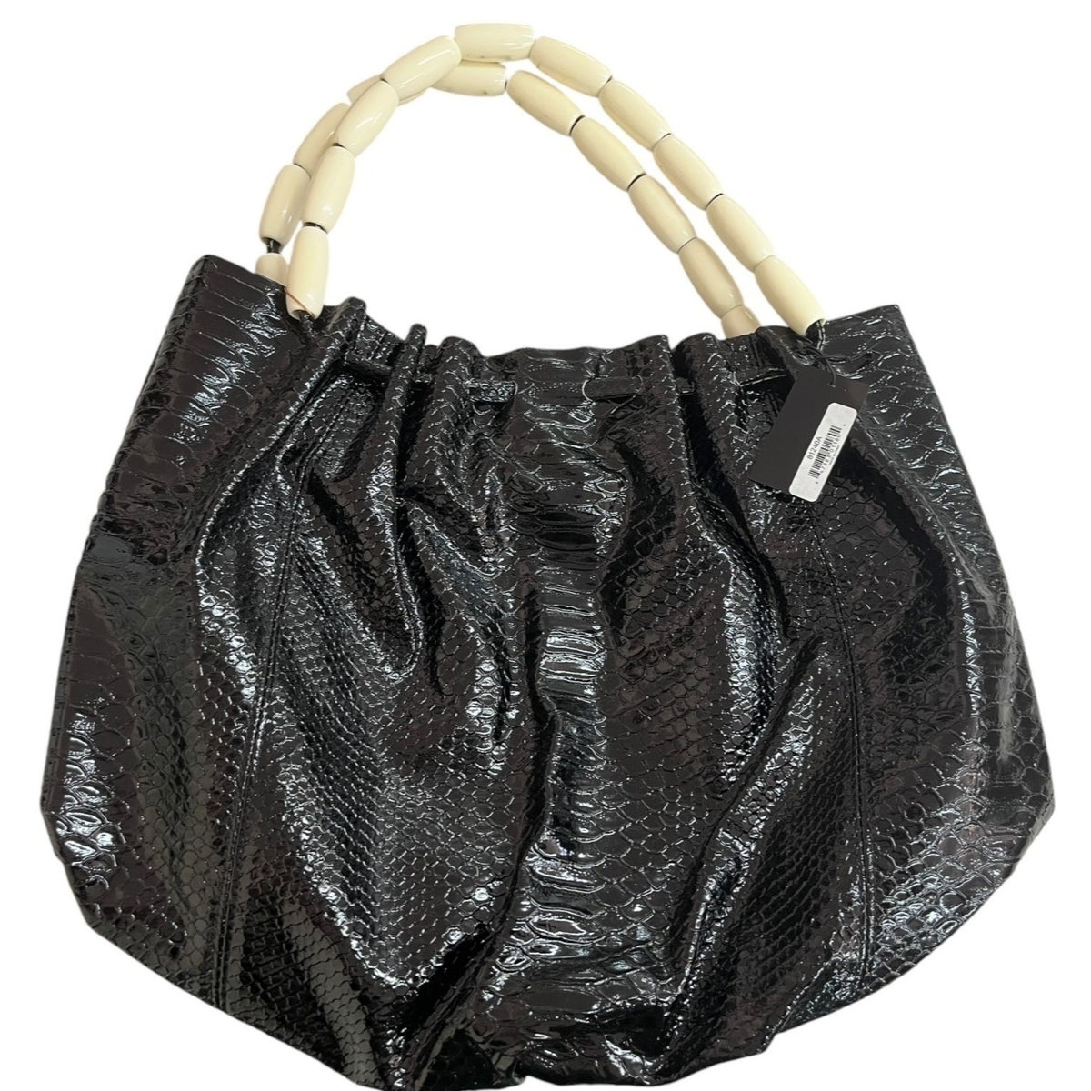 Black Faux Snakeskin Bag With Wooden & Beaded Handles