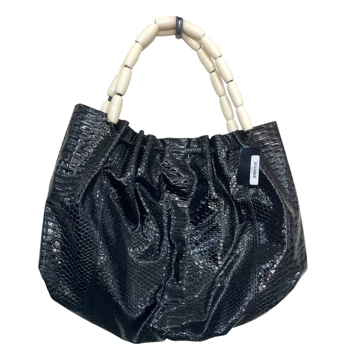 Black Faux Snakeskin Bag With Wooden & Beaded Handles