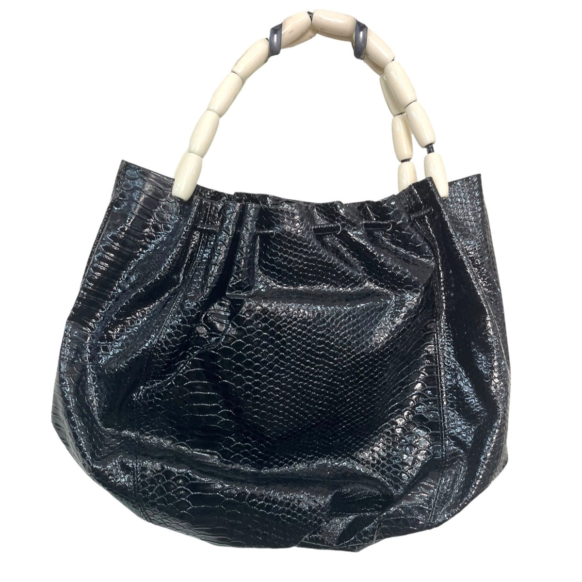 Black Faux Snakeskin Bag With Wooden & Beaded Handles