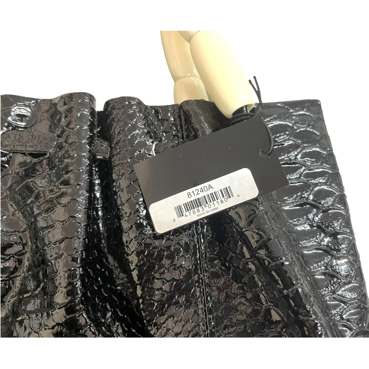 Black Faux Snakeskin Bag With Wooden & Beaded Handles