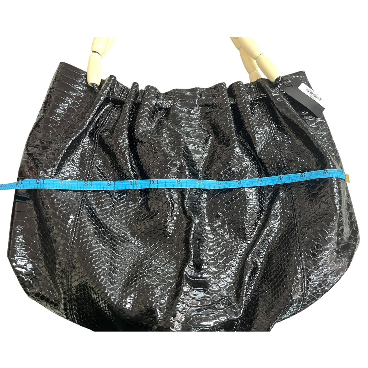 Black Faux Snakeskin Bag With Wooden & Beaded Handles