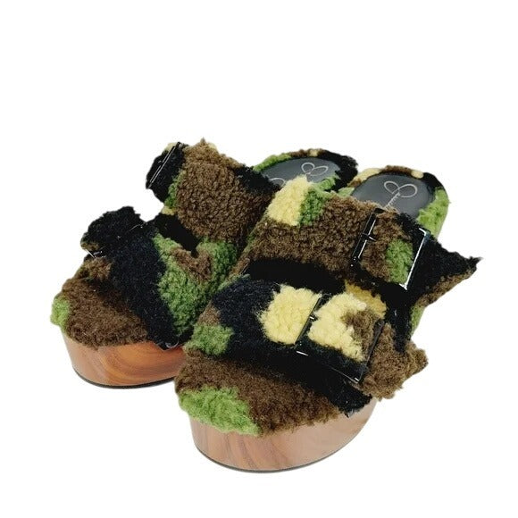 Jessica Simpson Furry Wooden Sz 5.5 Platform Slip-On Sandals With Adjustable Straps