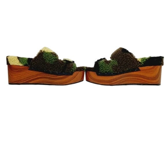 Jessica Simpson Furry Wooden Sz 5.5 Platform Slip-On Sandals With Adjustable Straps