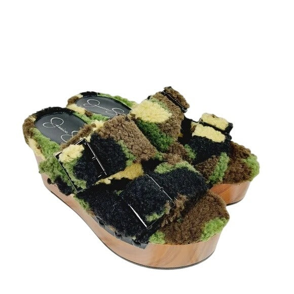 Jessica Simpson Furry Wooden Sz 5.5 Platform Slip-On Sandals With Adjustable Straps