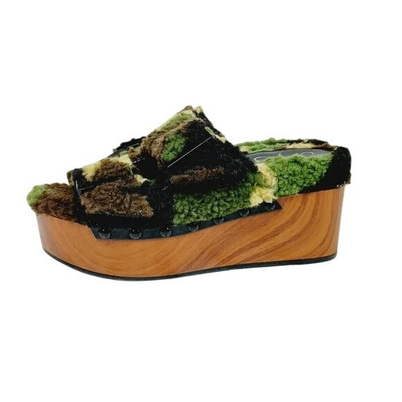 Jessica Simpson Furry Wooden Sz 5.5 Platform Slip-On Sandals With Adjustable Straps