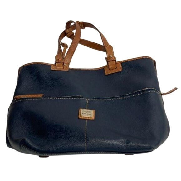 Dooney & Bourke Navy Leather Tote Bag With Tan Accents & Gold Hardware