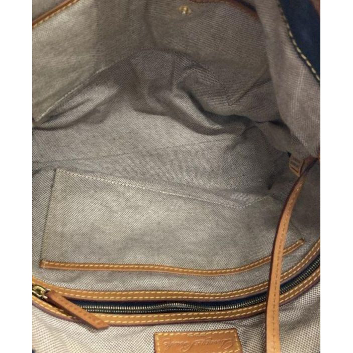 Dooney & Bourke Navy Leather Tote Bag With Tan Accents & Gold Hardware
