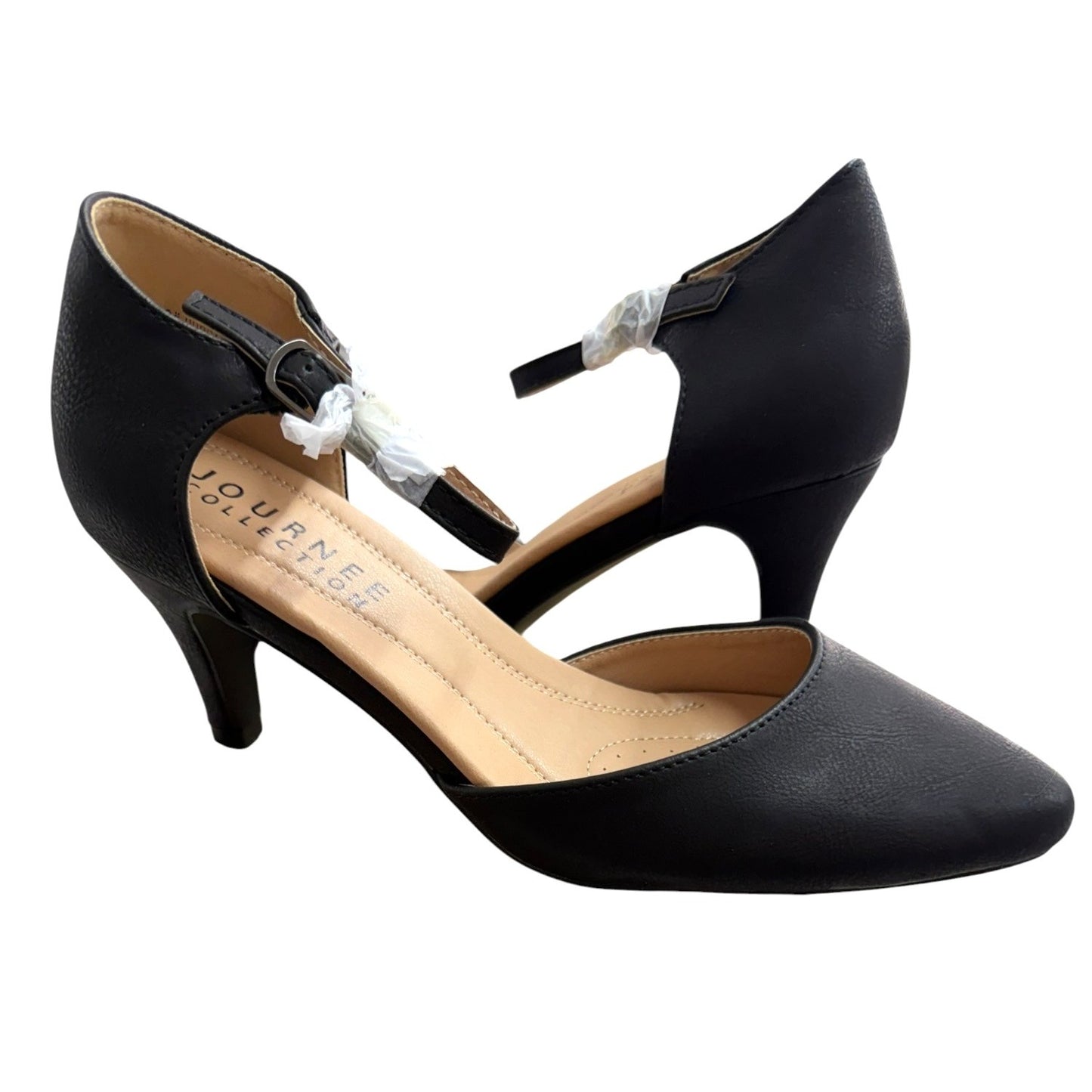 Journee Collection Womens Black Pointed-Toe Kitten Heel Pumps With Ankle Strap Size 8