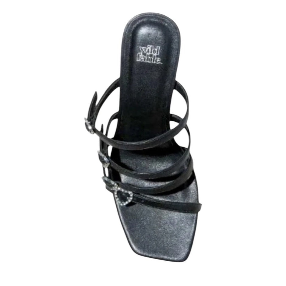 Wild Fable Black Heeled Sandals With Rhinestone Heart Accents & Strappy Design Square Toe SZ 8.5