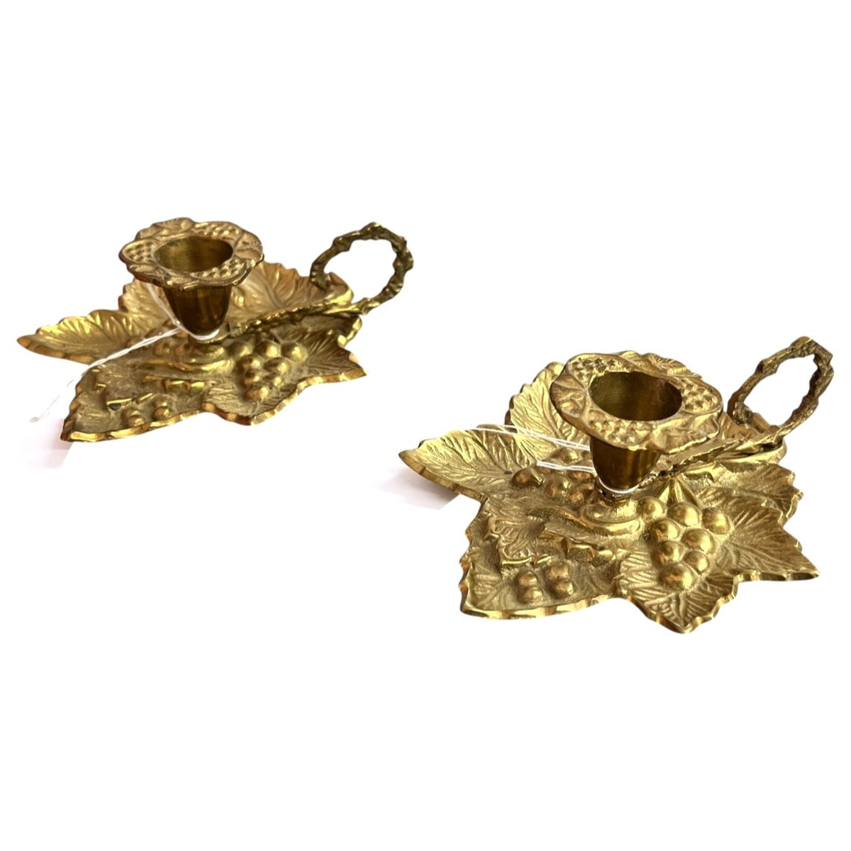 Vintage Brass Leaf & Grapevine Handle Chamberstick Candle Holders Made In India