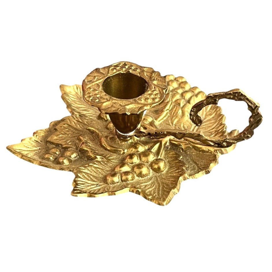 Vintage Brass Leaf & Grapevine Handle Chamberstick Candle Holders Made In India