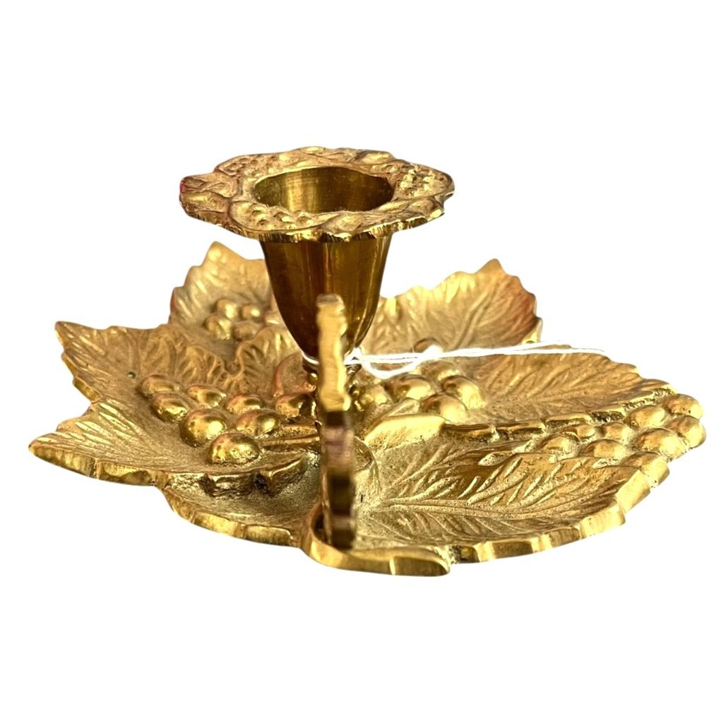 Vintage Brass Leaf & Grapevine Handle Chamberstick Candle Holders Made In India