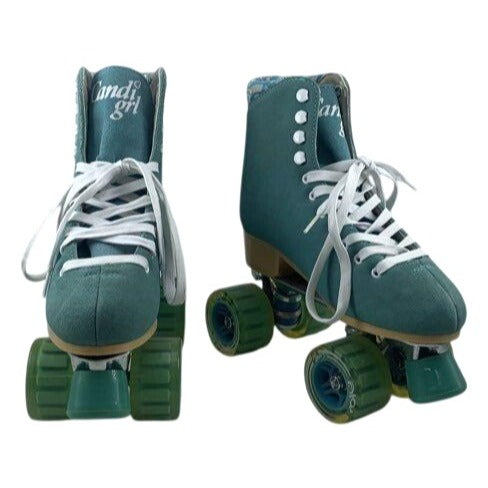 Candi Girl Womens Size 7 Teal Roller Skates With Green Wheels & White Laces