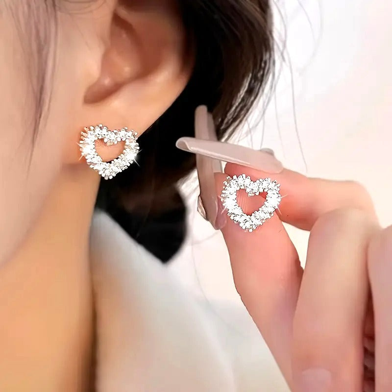 Heart-Shaped Silver Toned Crystal Stud Earrings For Women Elegant & Sparkling Jewelry