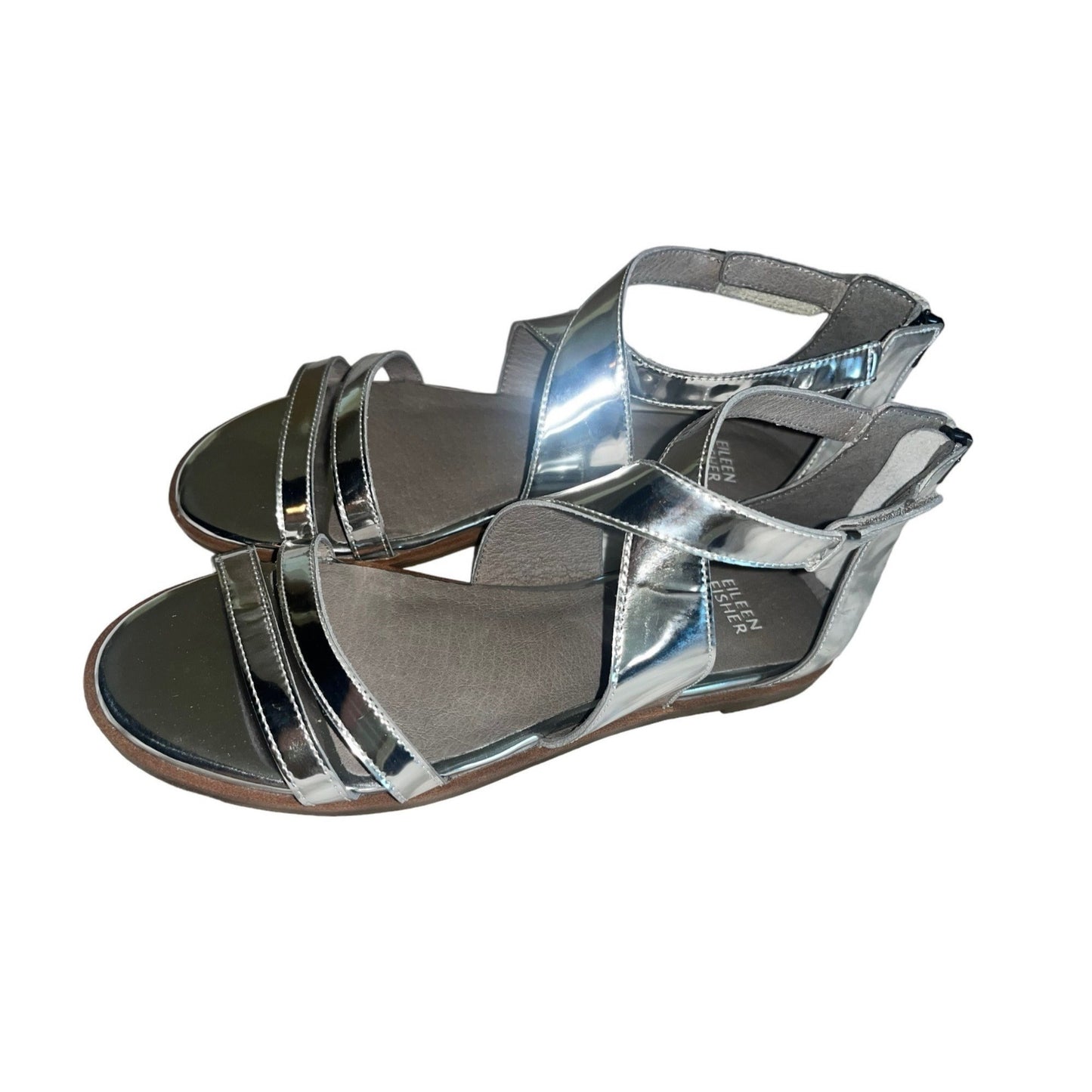 Eileen Fisher Cici Sandals Silver Mirror Metallic Leather Flats NWOT Sz8