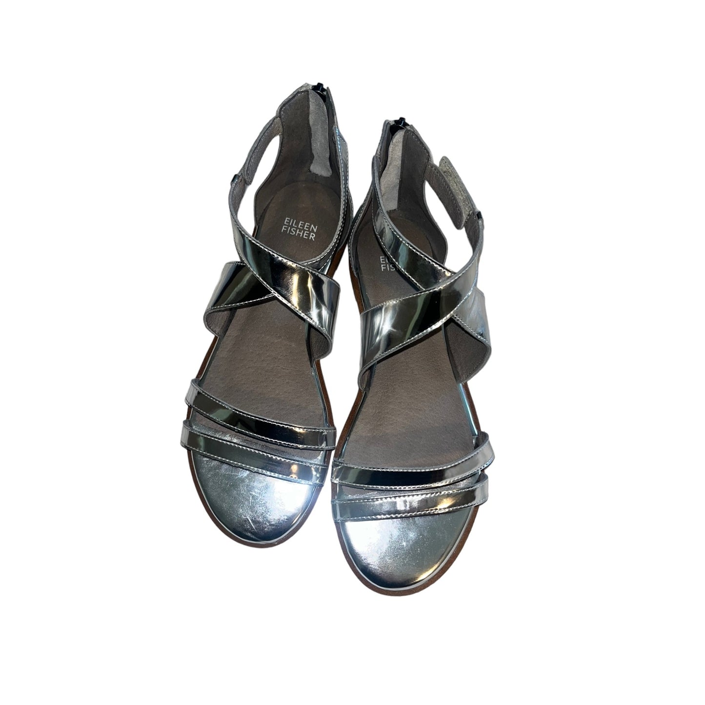 Eileen Fisher Cici Sandals Silver Mirror Metallic Leather Flats NWOT Sz8