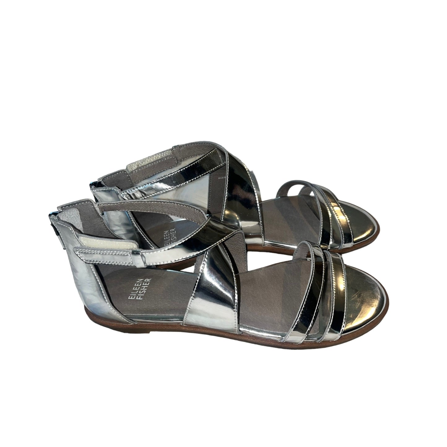 Eileen Fisher Cici Sandals Silver Mirror Metallic Leather Flats NWOT Sz8