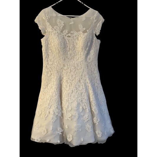Oleg Cassini SZ 14 Elegant White Lace Short-Sleeve Wedding Dress With Sheer Neckline & Button-Back