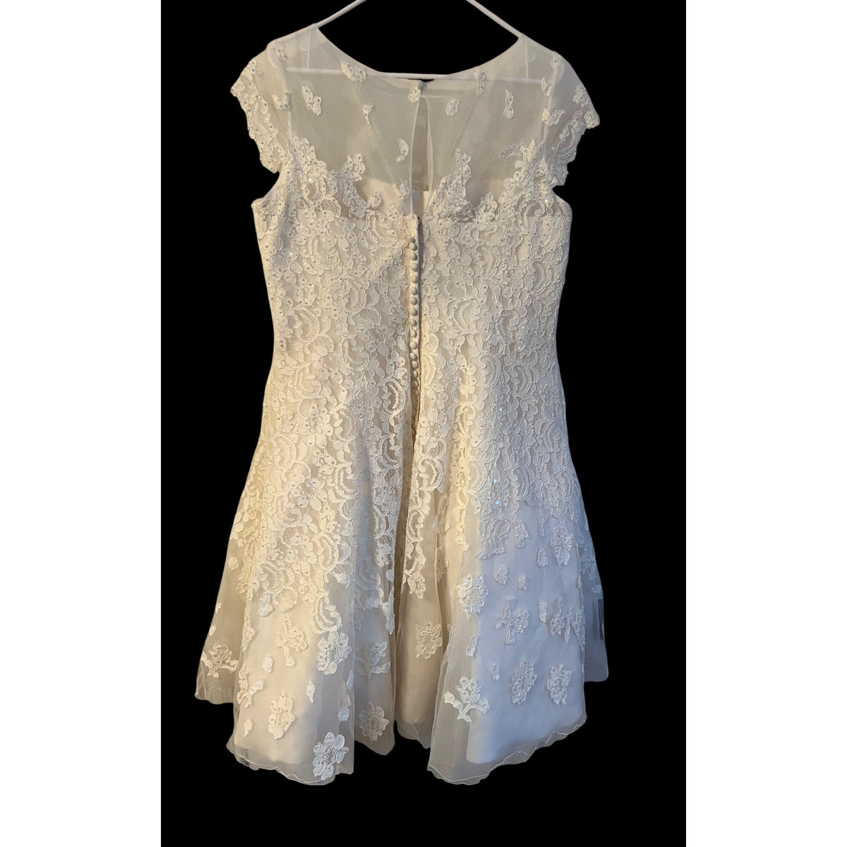 Oleg Cassini SZ 14 Elegant White Lace Short-Sleeve Wedding Dress With Sheer Neckline & Button-Back