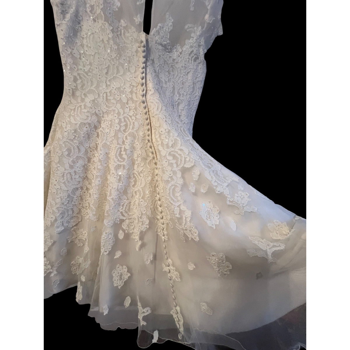 Oleg Cassini SZ 14 Elegant White Lace Short-Sleeve Wedding Dress With Sheer Neckline & Button-Back
