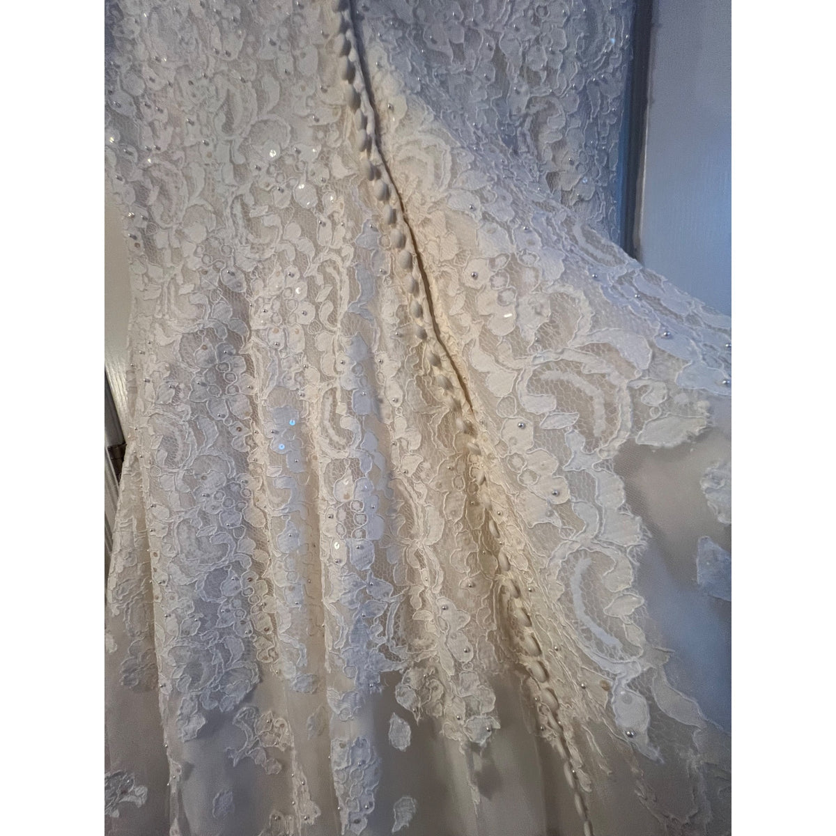 Oleg Cassini SZ 14 Elegant White Lace Short-Sleeve Wedding Dress With Sheer Neckline & Button-Back
